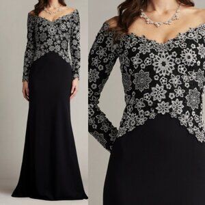 NWT Tadashi Shoji Mayur Off Shoulder Embroidered Bodice Gown Dress Ivory Black 2